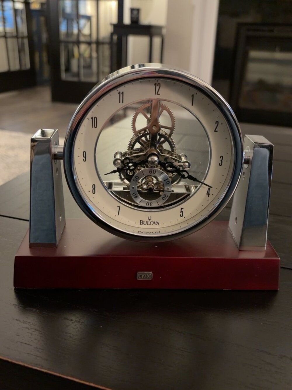 Bulova B7520 Largo Skeleton Desktop Mantel Clock Mahogany Chrome – Works